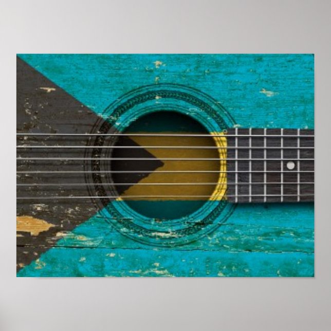 Póster Vieja guitarra acústica con bandera de las Bahamas (Frente)