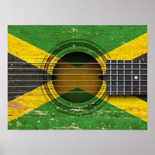 Póster Vieja guitarra acústica con bandera jamaiquina (Frente)