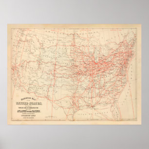 Póster Vieja hoja de ruta de los Estados Unidos (1884)