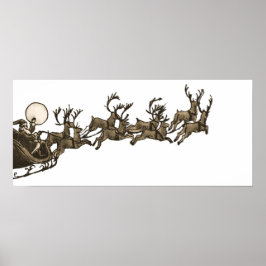Póster Vieja Sepia Santa Sleigh Reindeers