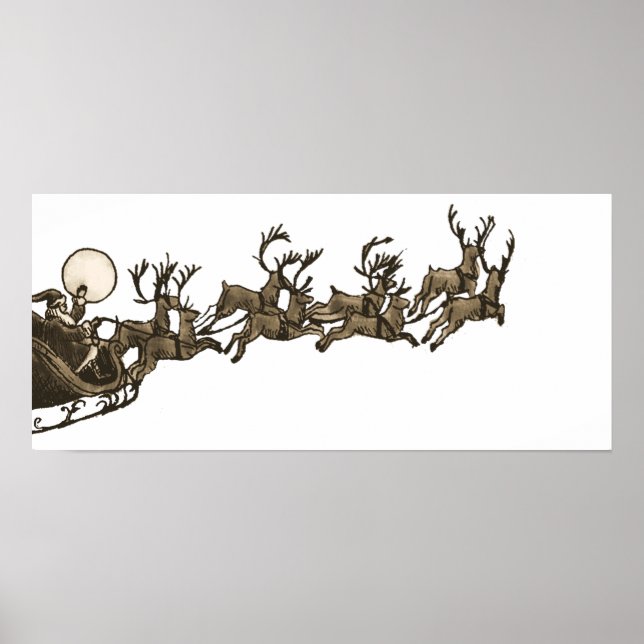 Póster Vieja Sepia Santa Sleigh Reindeers (Frente)