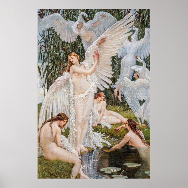 Póster Viejas damas de cisnes de estilo Art Nouveau de W. (Frente)