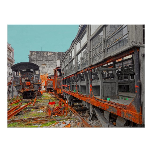 Póster Viejas locomotoras rustas y vagones de tren (Anverso)