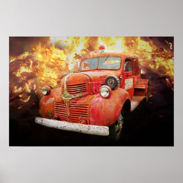 Póster Viejo camión rojo de bomberos de antaño (Frente)