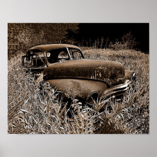 Póster Viejo coche de época Sepia Decoupage rústica