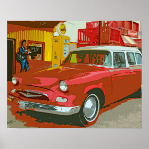 Póster Viejo coche rojo en el antiguo Poster de la estaci