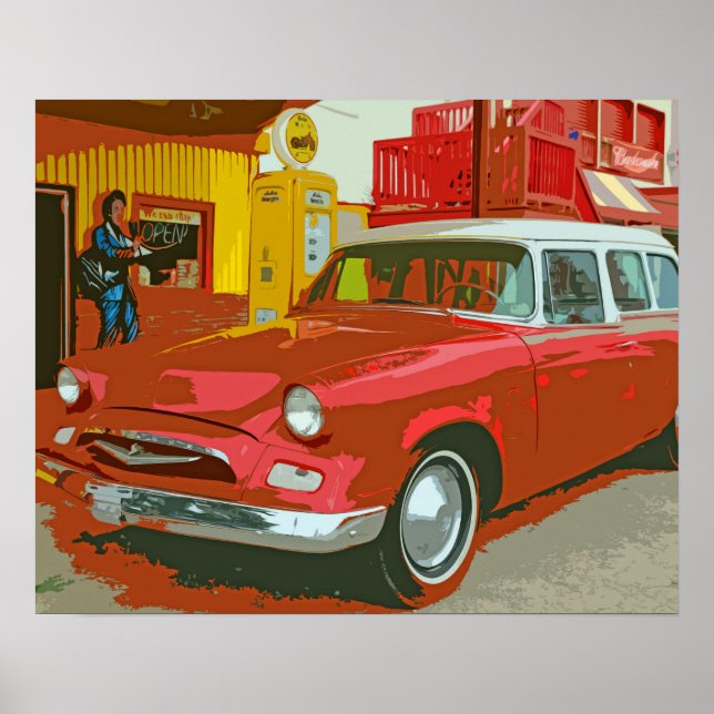 Póster Viejo coche rojo en el antiguo Poster de la estaci (Frente)