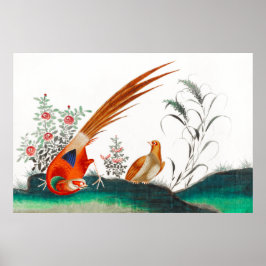 Póster Viejo cuadro chino de dos pájaros entre flores