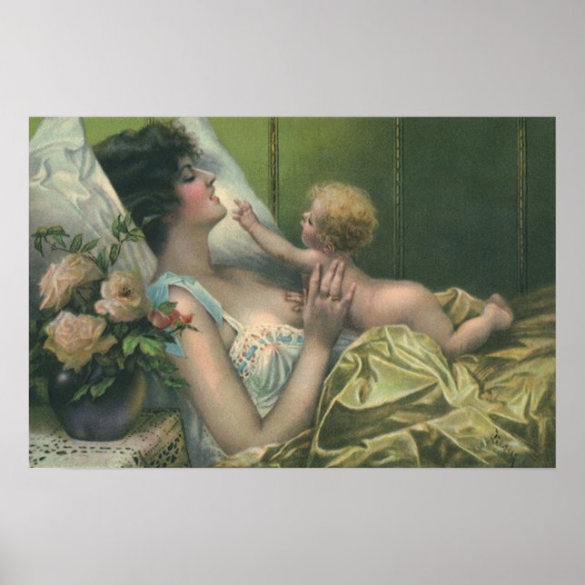 Póster Viejo Día de la Madre Victoriana, mamá con bebé (Frente)