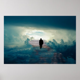Póster Viejo en escalera al cielo en las nubes