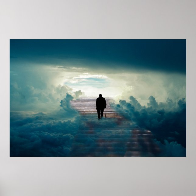 Póster Viejo en escalera al cielo en las nubes (Frente)