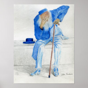 Póster Viejo hombre que se sienta en un banco, ropa azul