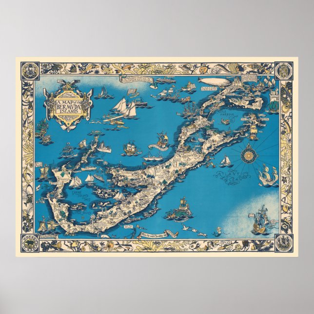 Póster Viejo mapa vintage de las islas Bermudas (Frente)