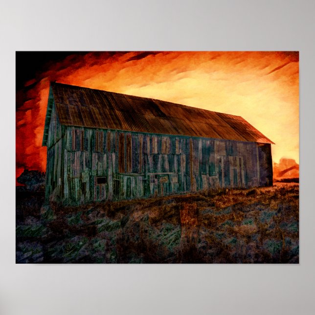 Póster Viejo Naranja Rústico Vintage Brown Barn Sunset (Frente)