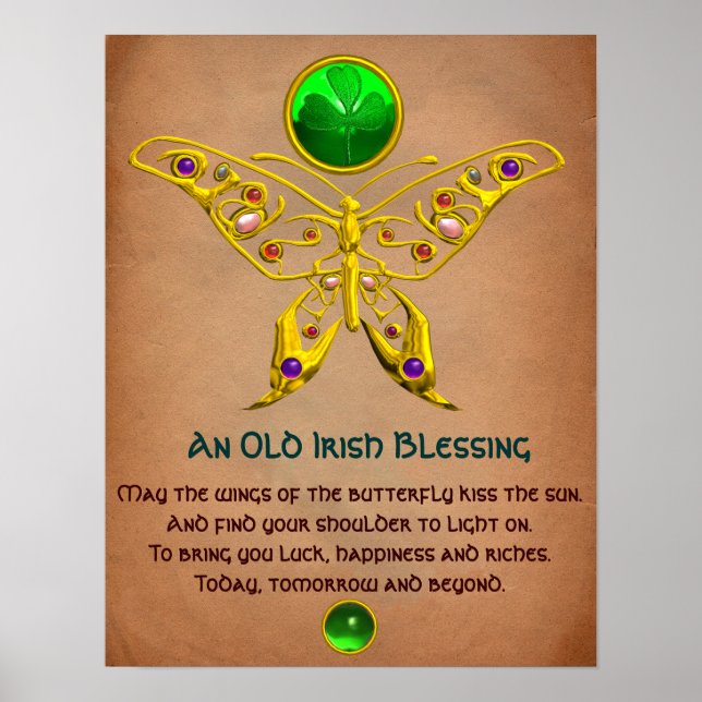 Póster Viejo pergamino irlandés de bendición con mariposa (Frente)