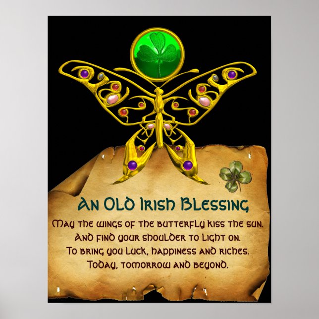 Póster Viejo pergamino irlandés de bendición con mariposa (Frente)