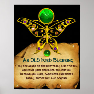 Póster Viejo pergamino irlandés de bendición con mariposa