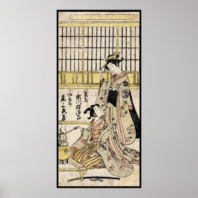 Póster Viejo pergamino japonés de Guay ukiyo-e geisha (Frente)
