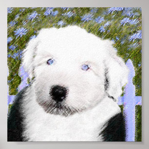 Póster Viejo perro pastor inglés con pintura de cachorros