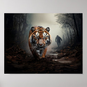 Póster Viejo tigre negro y naranja caminando por un bosqu