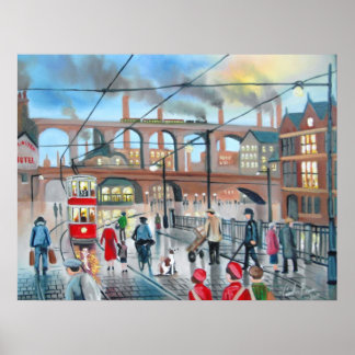 Póster Viejo tren viaducto de Stockport pintura al óleo