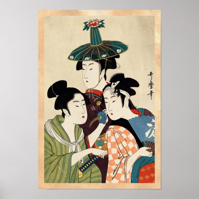 Póster Viejo trío ukiyo-e japonés de Guay lady geisha art (Frente)