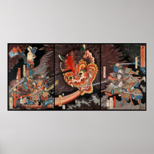 Póster Viejo tríptico japonés: Samurai vs. Oni King