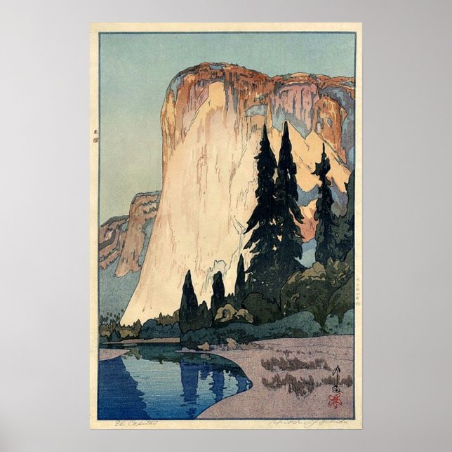 Póster Viejo Woodblock Art El Capitan Yosemite Park (Frente)