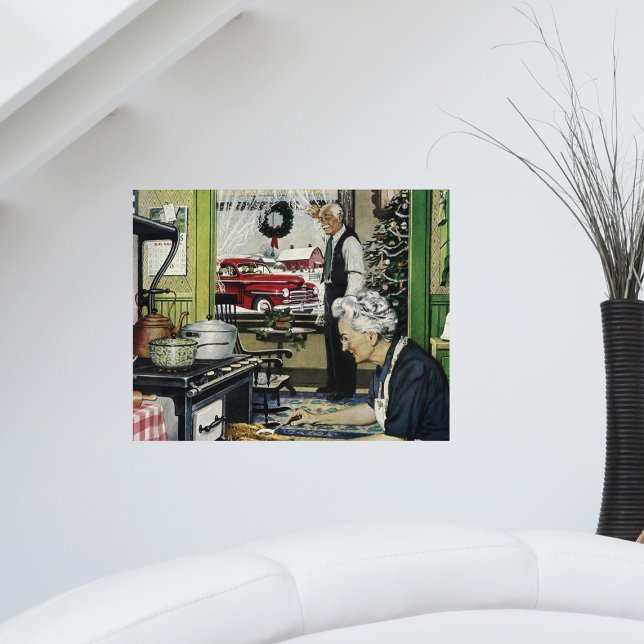 Póster Viejos Navidades caseros (Vintage holiday scene cooking turkey dinner at Grandparents house on a poster.)