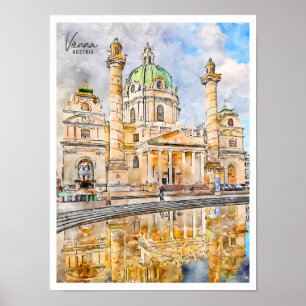 Póster Viena Austria color de agua de viaje vintage
