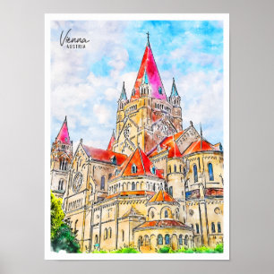 Póster Viena Austria color de agua de viaje vintage