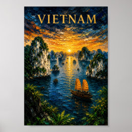 Póster Vietnam: Golden Sunset Halong Bay Art Souvenir