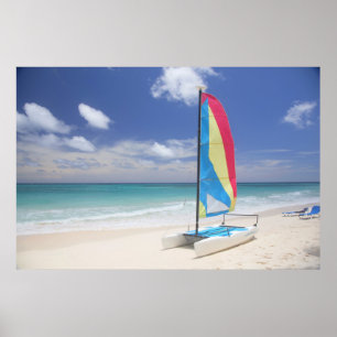 Póster View Of Beach With Sailboat