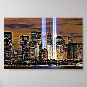 Póster Vigas de luz de la Torre Twin de Nueva York