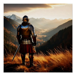 Póster Vigilia medieval de Knight al atardecer