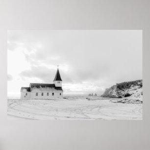 Póster Vík i Myrdal Church Blanco y negro
