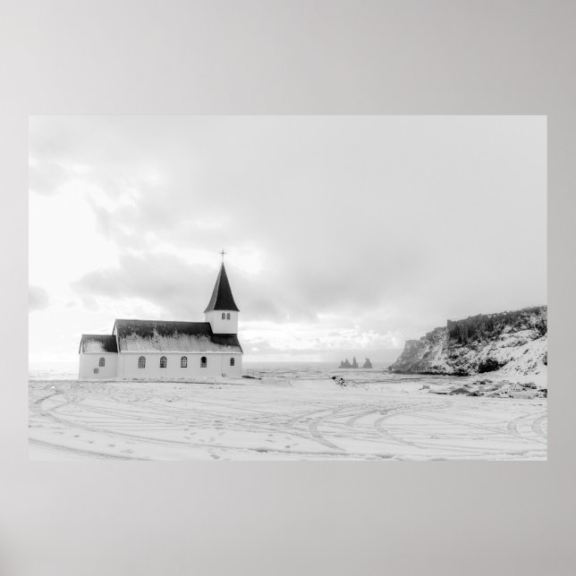 Póster Vík i Myrdal Church Blanco y negro (Frente)