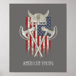 Póster Viking americano. Bandera, angustiada, casco, hach