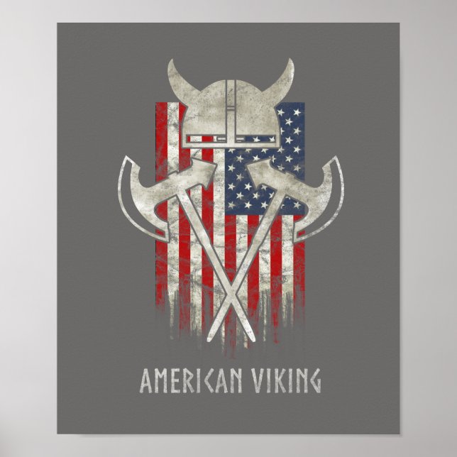 Póster Viking americano. Bandera, angustiada, casco, hach (Frente)