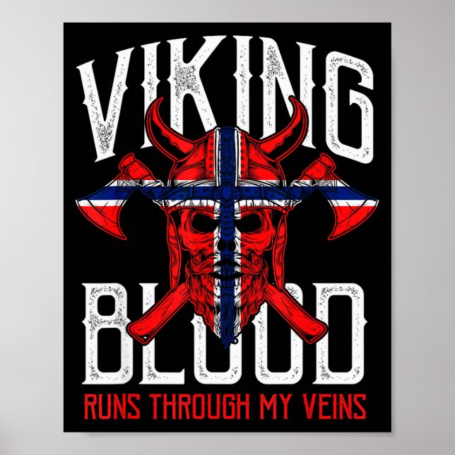 Póster Viking Blood Skull Norwegian Flag Pride Norway  (Frente)