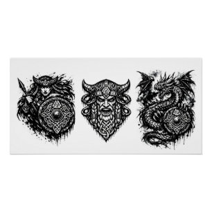 Póster Viking, Dragón y Doncella Escudo: Tinta Mítica Nór