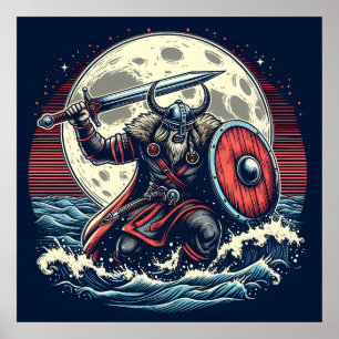 Póster Viking místico Crimson rojo y blanco guerrero luna