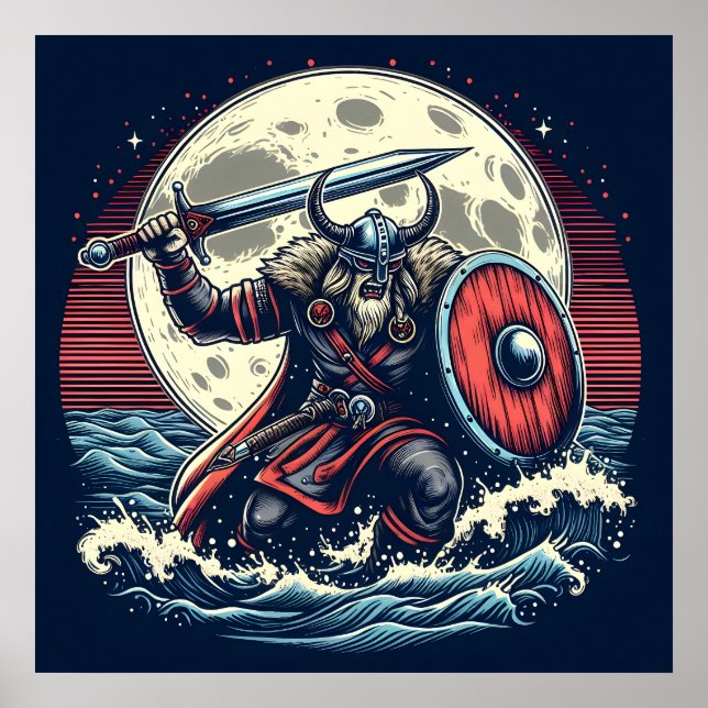 Póster Viking místico Crimson rojo y blanco guerrero luna (Frente)