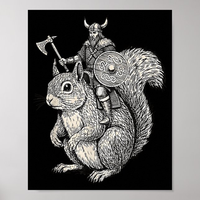 Póster Viking Riding Squirrel Funny Warrior Art  (Frente)