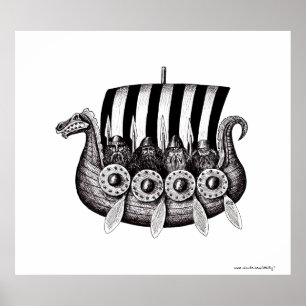 Póster Vikingos en el dibujo blanco y negro de la tinta