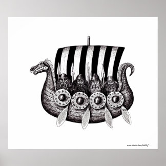 Póster Vikings en Drekar dibujo de tinta de lápiz en blan
