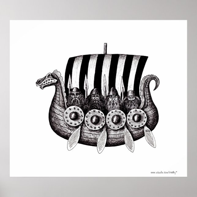 Póster Vikings en Drekar dibujo de tinta de lápiz en blan (Frente)