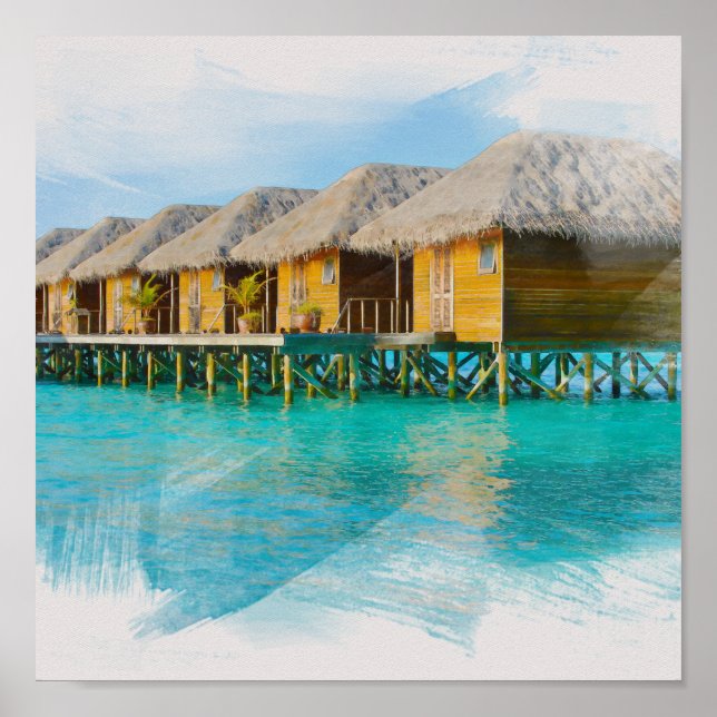 Póster Villa acuarela en pintura de las islas de Maldivas (Frente)