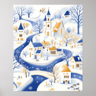 Póster Villa de invierno con río y iglesia eólica