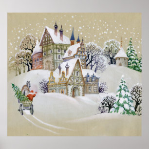 Póster Villa de Invierno: Paisaje nevado e ilustrado.